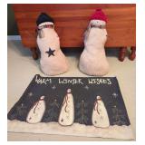 Textile Snowman Figures and Painted Fabric Wall Hanging