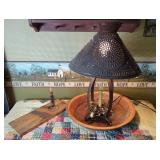 Pierced Metal Table Lamp with Wooden Bowl Base and Decorative Candle