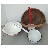 Enamelware Kitchenware and Woven Basket