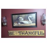 John Rossini Print, Be Thankful Sign, and Wall Sconces