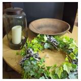 Wooden Dough Bowl with Decorative Floral Arrangement and Glass Lantern