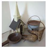 Church Birdhouse, Metal Pail, Woven Basket, and Carved Wooden Ladle