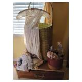 Decorative Display with Doll, Textile, Basket, and Crock