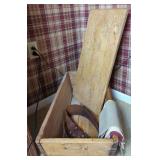 Wooden Storage Crate with Leather Belt and Textile Sack