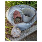 Galvanized Metal Basin with Metal Barn Decor and Gourd Birdhouse