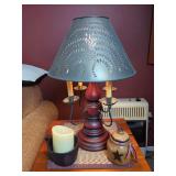 Four-Arm Table Lamp with Punched Metal Shade and Decorative Accessories