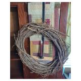 Patchwork Quilted Wall Hanging with Grapevine Wreath and Candle Sconce