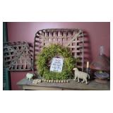 Farmhouse Decor Set with Tobacco Baskets, Sheep Figurines, and Punched Tin Lamp