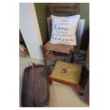 Woven Splint Basket, Needlepoint Footstool, and Ladder Back Chair