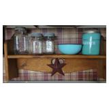 Kitchen Shelf with Glass Jars, Enamelware Bowl, and Metal Canister