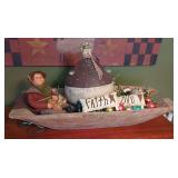 Wooden Dough Bowl with Seasonal Decorative Figures and Ornaments
