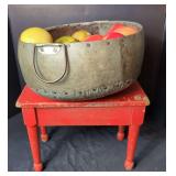 Riveted Metal Basin and Painted Wooden Stool