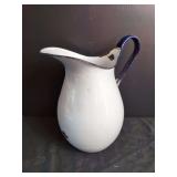 White Enamelware Pitcher with Blue Trim