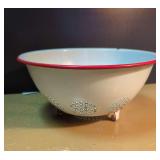 Enameled Metal Colander with Red Rim