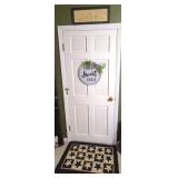 Home Decor Set Featuring Hooked Wool Rug, Embroidered Wall Art, and Door Sign