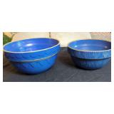 Pair of Blue Glazed Ceramic Mixing Bowls with Embossed Exterior Patterns