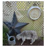 Garden Decor Set Including Metal Star, Sheep Sculpture, and Watering Can