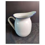 White Enamelware Pitcher with Blue Rim