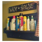 Wall-Mounted Wooden Shelf with Assorted Household Cleaning Supplies