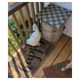 Wooden Barrel Side Table with Checkerboard Top and Duck Figurine