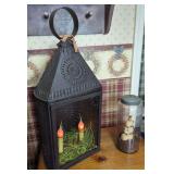 Pierced Metal Lantern and Glass Jar with Figurine