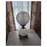 Frosted Glass Electric Hurricane Lamp with Etched Floral Motifs
