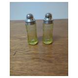 Pair of Vaseline Glass Salt Shakers with Metal Lids
