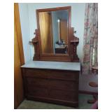 Eastlake Style Walnut Dresser with Marble Top and Adjustable Mirror