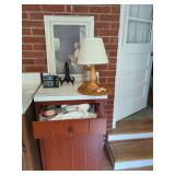 Wooden Cabinet with Laminate Top and Mixed Household Contents