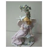 Ceramic Angel Figurine with Dove and Floral Pillar