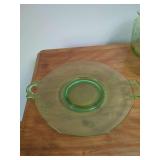Green Uranium Glass Handled Serving Platter with Etched Floral Motifs