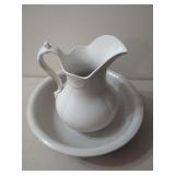 White Ceramic Wash Pitcher and Basin Set with Embossed Floral Motif