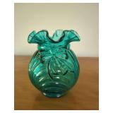 Teal Glass Vase with Bow and Fluted Rim