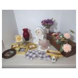Home Decor Assortment Including Clock, Vases, and Framed Botanical Art