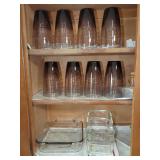 Kitchenware Set including Smoke Tinted Tumblers, Pyrex Baking Dishes, and Decorative Swan Tray