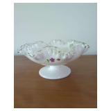 Milk Glass Compote Bowl with Hand Painted Violet Motif and Ruffled Rim