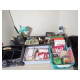 Black and White Wooden Caddy with Miscellaneous Office Supplies and Decor
