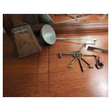Hardware and Metalware Grouping Including Cow Bell, Metal Ladle, Skeleton Keys, and Patent Pending Tool