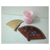 Pink Glass Vase and Hand-Painted Wooden Folding Fans