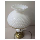 Milk Glass Hobnail Electric Table Lamp with Ruffled Shade and Brass Base