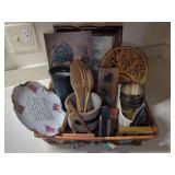 Decorated Wicker Basket with Mixed Decorative Objects and Tableware
