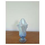 Blue Iridescent Art Glass Vase with Ruffled Rim and Molded Floral Base