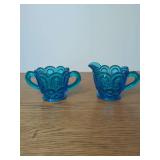 Blue Pressed Glass Creamer and Open Sugar Bowl Set with Moon and Star Pattern