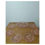 Pink Pressed Glass Open Lace Edge Serving Platter and Plate Set