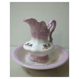 Ceramic Pitcher and Basin Set with Pink Glaze and Floral Decals