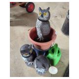 Three Plastic Owl Decoys and Garden Accessories