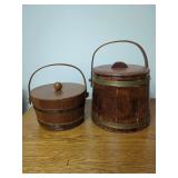 Two Wood Stave Buckets with Lids and Metal Hoops