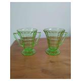 Green Depression Glass Creamer and Sugar Bowl Set Structured Panel Pattern
