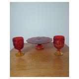Red and Amber Moon and Star Pressed Glass Pedestal Cake Stand and Two Goblets