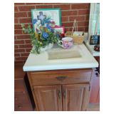 Wooden Cabinet with Laminate Top and Mixed Household Contents